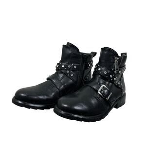 Steve Madden Studded Moto Boots Womens 6 Black Leather Buckle Leopard Lining NWT